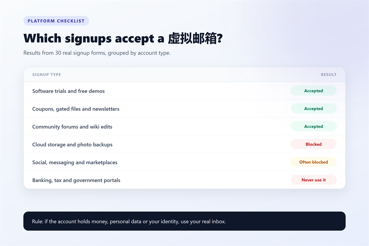 虚拟邮箱 signup checklist: which account types pass and which get blocked