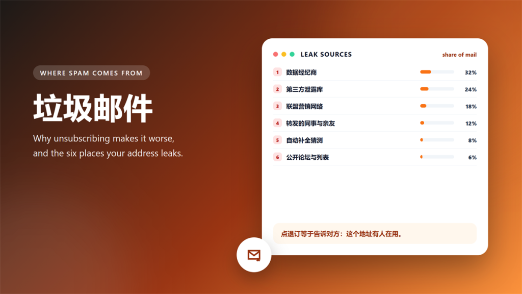 垃圾邮件 leak sources ranked by share of mail